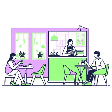 A cozy café interior filled with patrons enjoying their time. The café features wooden tables and chairs arranged closely together, with a few small round tables near the windows. On one table, a couple is seated, sipping coffee and engaged in conversation. A barista is behind a counter, preparing drinks and arranging pastries on a display. Potted plants are placed on the windowsills, and soft lighting hangs from the ceiling, creating a warm atmosphere. The walls are decorated with pictures and artwork, adding character to the space.