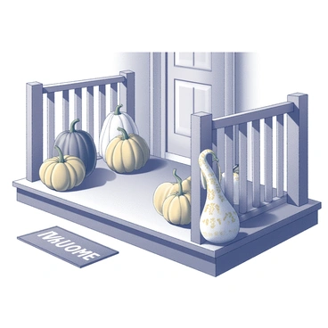 A front porch decorated for Mabon. There are several painted gourds and pumpkins arranged in a visually appealing manner. The pumpkins vary in size, some are large and round, while others are small and uniquely shaped. The gourds showcase intricate designs and patterns, adding to the festive atmosphere. A wooden railing frames the porch, and a welcome mat lies at the entrance, enhancing the inviting look of the display.
