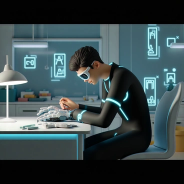 A futuristic mechanic, wearing a fitted black jumpsuit with neon blue accents and a pair of high-tech goggles, is intently working on a sleek, metallic robotic gauntlet. The gauntlet features intricate circuits, smooth surfaces, and illuminated elements. The mechanic is seated at a modern workbench surrounded by various tools, holographic displays, and spare robotic parts. The workshop has dim lighting with glowing panels and a large window showcasing a futuristic cityscape outside.