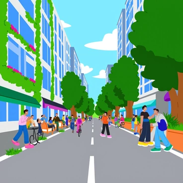 A bustling city street filled with a diverse crowd of people walking, some on bicycles, and others sitting at outdoor cafes. Towering glass and steel buildings rise high into the sky, reflecting the sunlight. As the scene progresses, the urban environment gradually transforms, with vibrant green vines creeping up the building sides and colorful flowers blooming in window boxes. The asphalt road begins to crack, with patches of grass and small plants emerging, indicating the slow encroachment of a lush jungle. In the background, exotic trees and large ferns start to dominate the street, their leaves creating a canopy above, casting dappled light onto the pavement below.