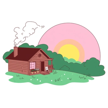 A yellow sun is rising over a field of dewy green grass, with droplets of water glistening in the early light. In the foreground, there is a cozy wooden cabin with smoke gently rising from its chimney. The cabin has a porch adorned with potted flowers, and a small wooden bench sits invitingly in front of the door. The sky is painted in soft shades of pink and orange, casting a warm glow over the tranquil landscape.