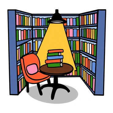 An inviting corner of a library featuring a small round wooden table with a polished surface. A comfortable chair with a soft cushion is positioned next to the table. On top of the table, there is a neatly arranged stack of colorful books with spines facing outward. The surrounding area is lined with tall bookshelves filled with a variety of books, creating a cozy atmosphere ideal for reading and relaxation. A warm light is shining down on the table, casting gentle shadows on the floor.