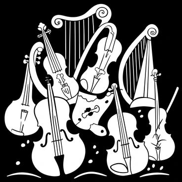 Art nouveau styled musical instruments like violins and harps