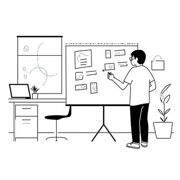 An app developer is standing in front of a large whiteboard, sketching out ideas with a black marker. The developer is wearing a casual t-shirt and jeans, with short hair and glasses. On the whiteboard, various diagrams, flowcharts, and app interface designs are visible, marked in bold lines. In the background, there are modern office furnishings, including a sleek desk with a laptop and a potted plant. A large window allows natural light to fill the room, highlighting the creative atmosphere. The floor is polished wood, and there are abstract wall decorations that add to the contemporary feel.