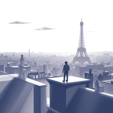 A small figure stands on a rooftop in Paris. The figure is silhouetted against the skyline, which includes various iconic buildings and structures such as the Eiffel Tower. The horizon displays a gradient of light as the sun sets, casting shadows over the rooftops. The figure gazes out over the expansive city view, with intricate details of chimneys and antennae visible surrounding them. The atmosphere captures the essence of a calm evening, with a few clouds lingering in the sky.