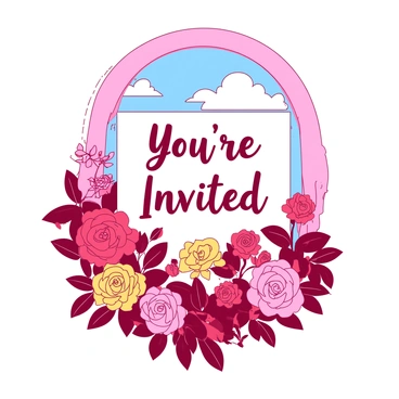 A pink invitation card features a scene of a vibrant rose garden in full bloom. The garden is filled with various colored roses, showcasing red, yellow, and orange blossoms. In the foreground, delicate green leaves surround the roses, adding to the lushness of the garden. The background shows a clear blue sky, with soft white clouds floating gently. Elegant cursive text in the center reads "You're Invited" surrounded by a decorative floral border.