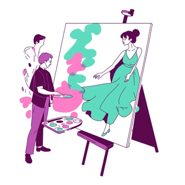 A fashion illustrator stands with an easel, capturing a model in action on a large canvas. The illustrator is focused, with a palette of vibrant colors in hand. The model poses dynamically, showcasing a flowing dress that billows slightly with the movement. Surrounding them, there are splashes of teal and pink paint on the canvas, which blend together beautifully. The illustrator’s brush glides across the surface, creating lively strokes that reflect the model's energy. Bright studio lights illuminate the scene, highlighting the intricate details of both the model's outfit and the artwork in progress.