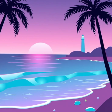 A tranquil beach scene at twilight with soft, rolling waves gently lapping at the shore. The sky is a gradient of colors, featuring deep purples, pinks, and oranges, casting a warm glow over the horizon. Silhouettes of distant palm trees frame the scene, their fronds swaying slightly in the breeze. Small seashells and smooth pebbles are scattered along the sand, glistening in the fading light. In the background, a lighthouse stands tall, its light blinking rhythmically, adding a focal point to the serene environment.