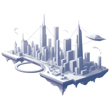 A detailed map of a sci-fi city layout. The design includes numerous floating buildings of varying shapes and sizes, suspended in the air with intricate support systems. There are visible transport lines weaving through the skyline, connecting the floating structures. The transport lines are depicted as sleek, elongated pathways that curve and twist in mid-air. The map also features distinct zones, each representing different functionalities such as residential, commercial, and recreational areas, all integrated into a cohesive design.