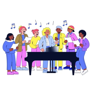 A group of eight diverse choir members standing around a black grand piano. Each member is wearing casual, colorful clothing. The choir director, a woman with curly hair, is positioned at the piano, passionately directing the group. Music sheets are placed on the stand of the piano. The members are holding their sheet music and looking at one another as they sing. There are musical notes illustrated floating above them to represent the music being made. The setting is bright and cheerful, suggesting a collaborative atmosphere.