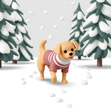 A medium-sized dog, with a fluffy golden coat and floppy ears, is wearing a red and white striped cozy sweater. The dog is walking through a snowy forest, surrounded by tall evergreen trees, their branches heavy with white snow. Snowflakes are gently falling from the gray sky, while the ground is covered with a thick layer of fresh snow, leaving paw prints behind. The dog's tongue is slightly out, and its tail is wagging happily as it explores the winter wonderland.