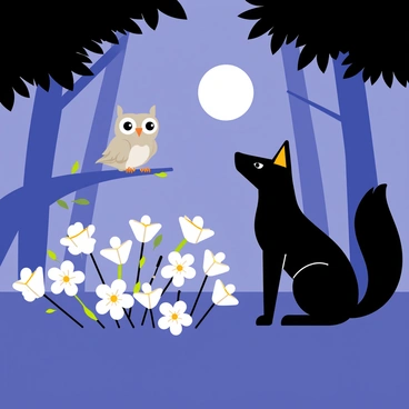 A pair of nocturnal animals, a small gray owl with large round eyes and a sleek black fox with a bushy tail, are curiously observing a cluster of white moonflowers that bloom brightly under the night sky. The moonflowers have delicate, trumpet-shaped petals that appear luminous in the moonlight, surrounded by dark green leaves. The scene is set in a tranquil forest clearing, with shadows of trees softly framing the background. The owl is perched on a low branch, while the fox sits on its haunches nearby, both intently focused on the flowers.