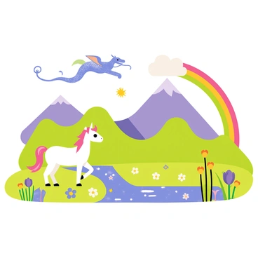 A magical scene featuring a vibrant landscape filled with animated mythical creatures. A blue dragon with shimmering scales flies overhead, its wings outstretched against a bright sky. Below, a white unicorn with a flowing mane stands beside a sparkling stream. Colorful flowers bloom all around, and a rainbow arcs over the scene. In the distance, a purple mountain looms, creating a backdrop for this enchanting environment.