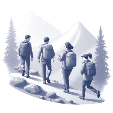 A group of four friends walking along a narrow, winding path in the mountains. Each person is wearing a backpack, with varying sizes and colors, showcasing different outdoor gear. The atmosphere is filled with a dense mist that partially obscures the towering peaks around them. The friends are dressed in durable hiking attire, and their expressions reflect determination and excitement. The background reveals rocky outcrops and the faint outlines of trees emerging from the fog, creating a sense of adventure and mystery in the landscape.