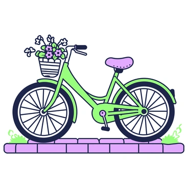 A vintage bicycle is positioned upright on a cobblestone path. The bicycle features a curved frame, with intricate detailing along the handlebars and the spokes of the wheels. Attached to the front is a woven basket, filled with wildflowers, gently spilling over the sides. The seat of the bicycle is leather with visible texture, and the tires are slightly worn, showcasing the bicycle's charm. The background contains hints of a textured wall, complementing the overall composition.