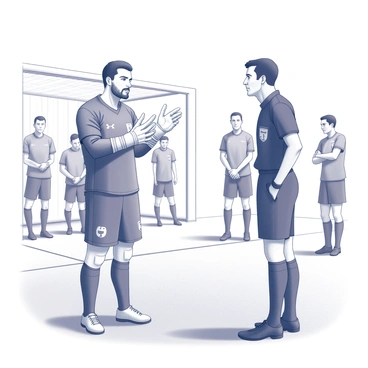 A soccer goalie discussing a call with the referee during a match, showing a mix of concern and determination.