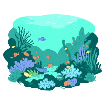 A teal underwater scene showcases a diverse coral reef teeming with life. Various types of coral formations, including branching and brain corals, are vividly displayed, creating a textured environment. Schools of orange and yellow fish swim gracefully among the corals, their scales reflecting light as they dart around. A few larger fish, such as a blue parrotfish, are visible grazing on the coral. In the background, the soft, diffused sunlight filters down from the surface, illuminating the scene and enhancing the vibrant colors of the underwater world.