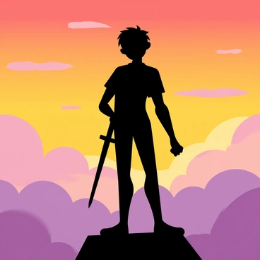 A dark silhouette of "Peter Pan" stands confidently against a vibrant sunset sky. The sunset features a gradient of warm oranges, yellows, and soft purples blending together. "Peter Pan" holds a sword in one hand, poised as if ready for adventure. The surrounding clouds are softly illuminated by the setting sun, enhancing the dramatic effect of the silhouette. The scene captures the essence of "Peter Pan" as a daring and adventurous character.