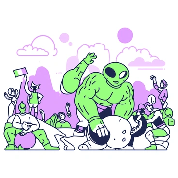 An alien with a muscular physique and bulging muscles is participating in a strongman competition on another planet. The alien has a unique head shape with large eyes and intricate patterns on its skin. It is lifting a heavy object that resembles a massive stone, straining with effort. The competition takes place in an outdoor arena with an unusual terrain, featuring boulders and strange vegetation in the background. Other competitors are visible in the scene, showcasing their strength. Above, a sky filled with two moons casts an otherworldly glow over the event. Spectators of various alien species are watching intently from the sidelines, cheering and holding colorful flags.