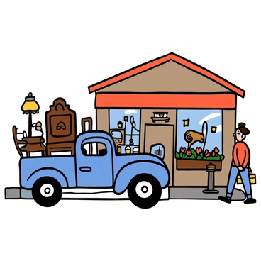 A vintage truck with a slightly weathered blue paint job is parked outside a quaint little shop with a red awning. The truck's back is open, revealing various pieces of antique furniture, including an ornate wooden chair, a small side table with delicate carvings, and a vintage lamp with a stained glass shade. The shop has a charming storefront, with large windows displaying more antique items. In the background, there are blooming flower boxes beneath the windows, adding a touch of color to the scene. The atmosphere is bustling with a few pedestrians walking by, admiring the truck and the shop's offerings.