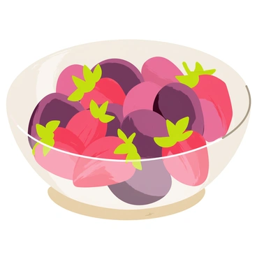 A clear glass bowl filled with a vibrant fruit salad. The bowl contains sliced plums with deep purple skin and juicy red strawberries with green leafy tops. The plums are cut into wedges, showcasing their rich, maroon-colored flesh, while the strawberries are halved, revealing their bright red interior. The arrangement creates a colorful contrast between the dark tones of the plums and the vivid hues of the strawberries. The bowl is placed on a light-colored wooden surface, emphasizing the freshness of the fruit.