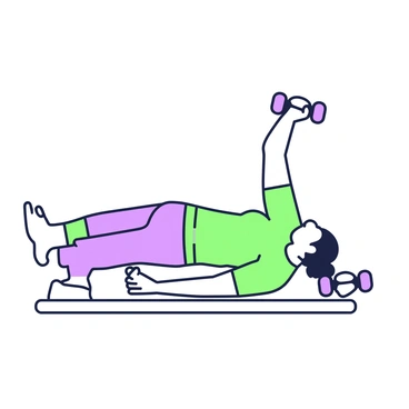 A figure is performing the "dumbbell fly" exercise on a flat bench. The figure, depicted with simple lines, is lying on their back and has arms extended out to the sides, holding a dumbbell in each hand. The dumbbells are aligned parallel to the body. The legs are bent at the knees and resting on the bench. The focus is on the arms as they are raised above the chest in a controlled manner. The background features minimal elements to emphasize the exercise position.