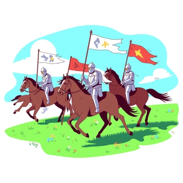 A group of warriors on horseback is charging across a green grassy plain. Each warrior is dressed in shining silver armor that reflects the sunlight. They carry colorful banners that flutter in the wind, showcasing various designs and patterns. The horses are strong and muscular, galloping with determination, their manes flowing behind them. The vast plain is dotted with patches of wildflowers, adding vibrant splashes of color to the scene. In the background, a clear blue sky stretches out, enhancing the lively atmosphere of the moment.