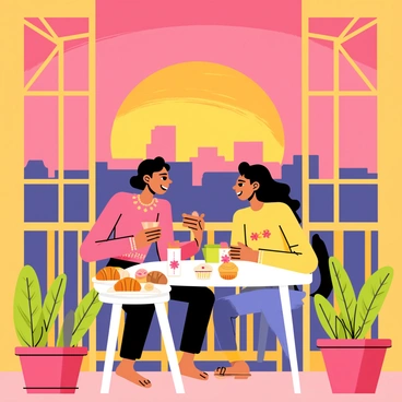 A sunset scene with people having fika on a balcony, enjoying coffee and pastries as the day ends