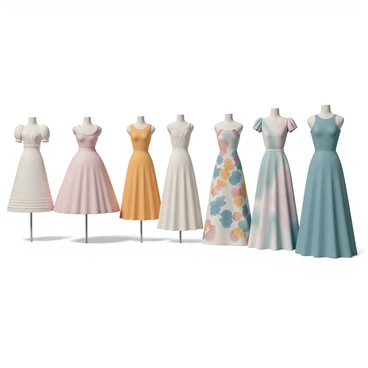 A single dress design, starting with a silhouette typical of the Victorian era, featuring a high neckline, puffed sleeves, and a full skirt with intricate lace detailing. The next version reflects the 1920s, showcasing a dropped waist, beaded embellishments, and a straight, flowing style. Moving to the 1950s, the dress incorporates a fitted bodice, a wide swing skirt, and a bold floral pattern. The 1980s iteration displays exaggerated shoulder pads, bright colors, and a cinched waist, while the contemporary version features a minimalist design, with clean lines, a comfortable fit, and muted tones. The dresses are displayed sequentially on mannequins, highlighting the evolution of fashion through the years.