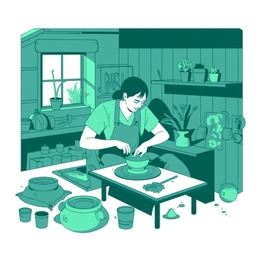 A teal potter is shaping a wet clay pot on a potter’s wheel, focused on the task at hand. Surrounding the potter in the garden shed, there are various tools and materials scattered around, including wooden carving tools, bags of clay, and jars of glaze. Sunlight filters through a small window, casting shadows on the walls adorned with finished pots in various shapes and sizes. In the background, there are potted plants and gardening tools, adding a touch of greenery to the studio environment. The atmosphere is filled with the earthy scent of clay and the sounds of gentle crafting.