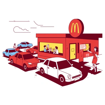 A duotone scene captures a red fast-food restaurant with a bright yellow drive-thru window. Several cars of varying colors are lined up in a queue, with some drivers peering out of their windows. Near the drive-thru, a worker in a red uniform is handing a bag of food to a customer. The restaurant's sign is prominently displayed above the window, featuring the brand logo. The atmosphere is lively with a sense of hurry, as customers eagerly wait for their meals.