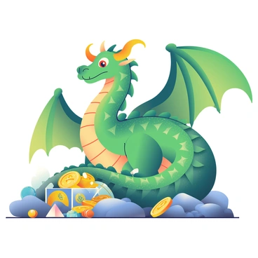 A large dragon with shimmering scales shaped like dice is curled protectively around a treasure hoard. The dragon has vibrant green wings that extend slightly, showcasing intricate patterns on the membrane. Its head is adorned with large, golden horns that curve back from its forehead, and its eyes are bright amber, glinting with a hint of mischief. The treasure hoard consists of various gold coins, sparkling gemstones, and ornate artifacts scattered around the dragon's coils. Some of the coins reflect light, creating a dazzling effect against the dragon's unique scales. The ground beneath is rocky, adding a textured backdrop to the scene.