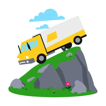 A large delivery truck is perched on a steep hilltop, tilting slightly to one side. The truck has a bright yellow and white exterior with a bold company logo on the side. Below, the landscape features a rocky terrain with patches of grass and scattered small boulders. The sky overhead is cloudy, creating a dramatic atmosphere. The truck's wheels are off the ground, and the driver's door is open, suggesting a hasty exit. A few wildflowers are growing at the base of the hill, adding a splash of color to the scene.