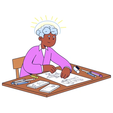An artist surrounded by sketches, with a glowing prefrontal cortex illustration above their head