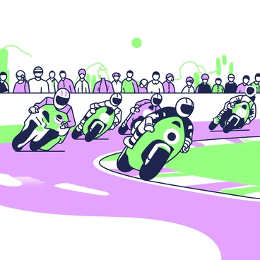 A group of motorcyclists is racing on a racetrack, leaning deeply into a sharp corner. Each motorcycle has a distinct design and color, showcasing their speed and power. The riders wear protective gear, including helmets and leather suits, their bodies angled in sync with their bikes as they navigate the turn. The racetrack is marked with white lines and colorful curbs, creating a dynamic scene. In the background, an audience watches with excitement, while the sun casts shadows across the track.