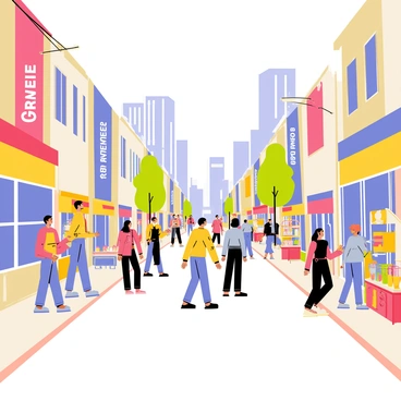 A city street filled with diverse groups of people walking in various directions. Colorful signs advertise different shops with bright red, blue, and yellow hues. Lively shops line both sides of the street, featuring large display windows filled with merchandise. Street vendors set up colorful carts selling snacks and drinks. Tall buildings loom in the background, creating a vibrant urban atmosphere. The pavement is bustling with activity, showcasing the energy of the city.