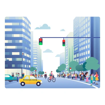 A bustling city street is filled with tall buildings lining both sides. The pavement is lined with people walking briskly, and a few cars are parked along the curb. In the middle of the street, there is a sudden gap where the usually heavy traffic is absent. A bright yellow taxi is approaching from the left, while a red bicycle is seen in the distance. Traffic lights hang overhead with a green signal illuminated, and light reflects off the glass windows of the skyscrapers, adding to the urban ambiance. The sky is clear with a few scattered clouds.