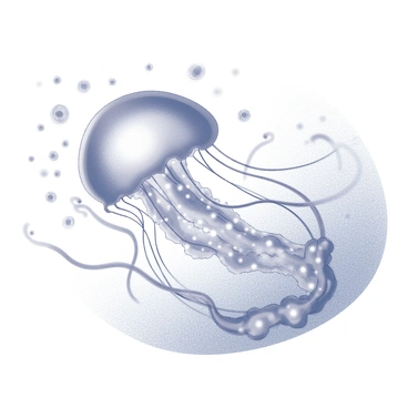 A close-up scene depicting a jellyfish hovering near a cluster of phytoplankton. The jellyfish is translucent, showcasing its bell shape and long, flowing tentacles that gracefully trail behind it in the water. Surrounding the jellyfish, small, glowing phytoplankton are scattered, creating a vibrant atmosphere of tiny organisms. The intricate textures of the jellyfish's body are visible, demonstrating delicate patterns that reflect light. The water surrounding the encounter is filled with soft, fluid motion, emphasizing the interaction between the two marine life forms.