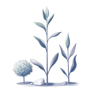 Three plants of the same species arranged in a row, each displaying distinct characteristics in height and leaf size. The tallest plant stands prominently in the center, showcasing long, slender stems and broad green leaves. Flanking it are two shorter plants; one on the left has a bushier appearance with dense foliage, while the plant on the right features narrower leaves and a more elongated form. The soil is visible at the base, with a few small stones scattered around, emphasizing the natural setting.