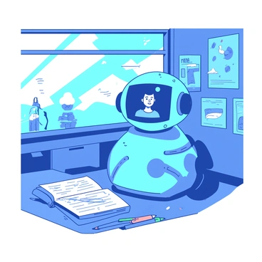 A blue robot with a rounded body is standing in a modern classroom. The robot has a screen displaying the face of a student, showing a focused expression. The robot is positioned on a desk, and in front of it, there is an open notebook with colorful pens scattered around. Behind the robot, a large window allows natural light to flood the room, casting soft shadows on the walls. Various educational posters are hanging on the walls, adding to the academic atmosphere.