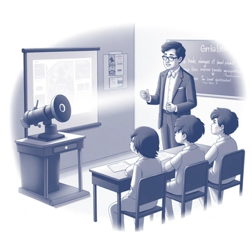 A vintage classroom setting featuring a teacher standing beside an old-fashioned film projector. The projector is emitting light, casting images onto a screen at the front of the room. The teacher, dressed in period-appropriate attire, is actively engaging with the students. Several curious students are seated at wooden desks, their faces illuminated by the light from the projector, displaying expressions of fascination and intrigue as they watch the film. The walls of the classroom are adorned with educational posters and blackboards filled with chalk writings.