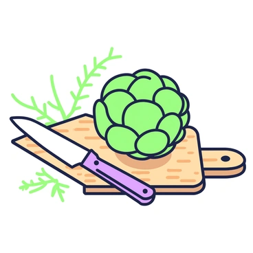 An artichoke is placed on a wooden cutting board, showcasing its layered green leaves. Next to the artichoke, a sharp chef’s knife rests, its blade reflecting light. The cutting board has visible wood grain patterns, emphasizing its natural texture. In the background, there are hints of fresh herbs, including sprigs of thyme and parsley, adding to the preparation scene. The chef’s knife is angled slightly as if just used, indicating the process of preparing the artichoke is underway.