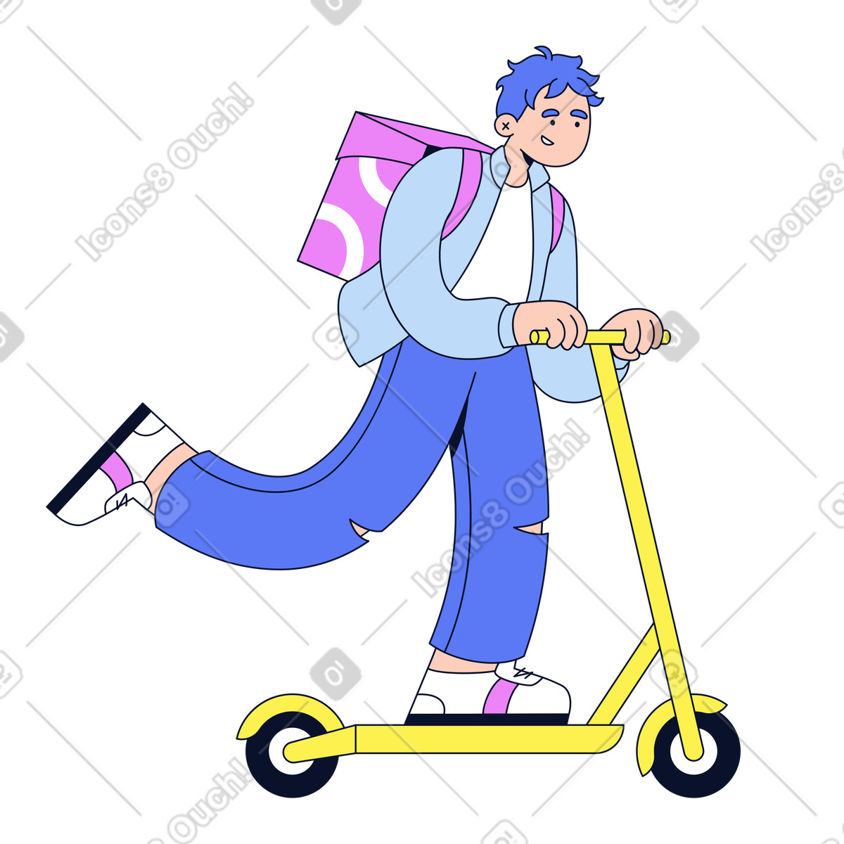 Illustration animée Courier on scooter with delivery backpack, Urban express shipping dans le style Flexy à télécharger aux formats GIF, Lottie (JSON), AE