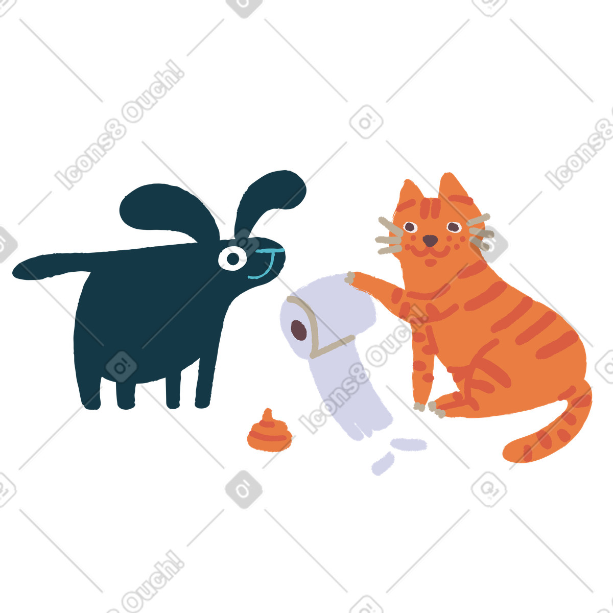 Ginger Cat 스타일의 개에게 화장지를 건네는 고양이 일러스트레이션 PNG, SVG 다운로드