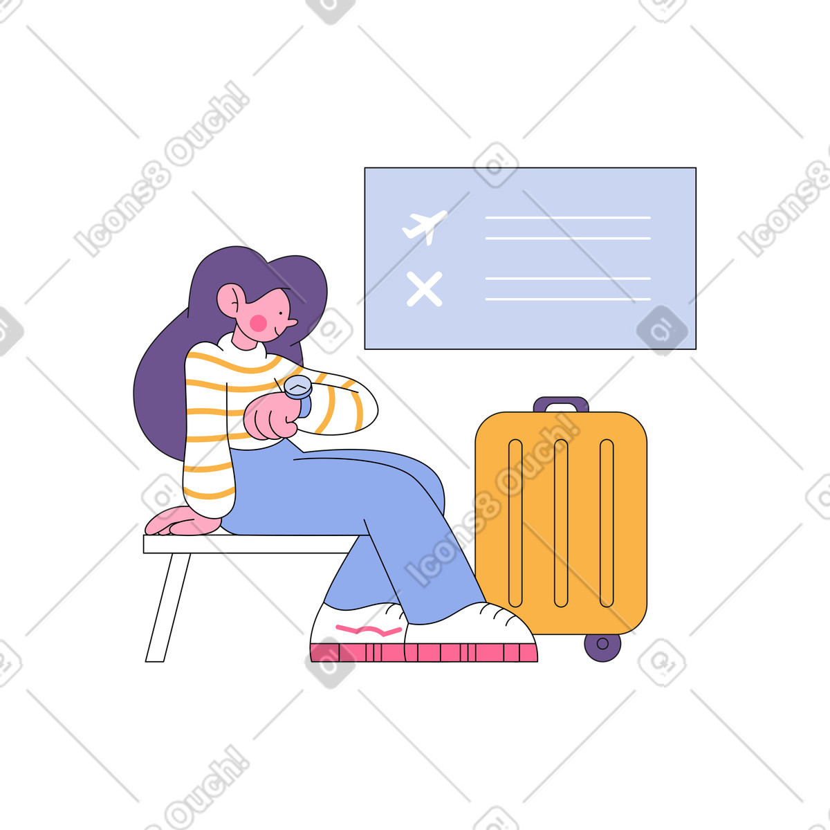 Woman with suitcase illustration airport clipart image looking at watch PNG