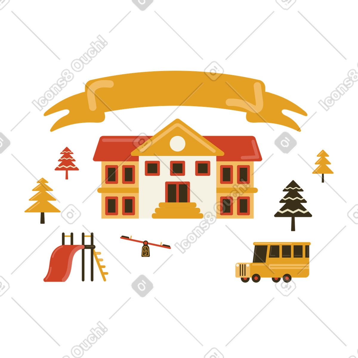 Private school with playground, school bus and trees illustration in PNG, SVG