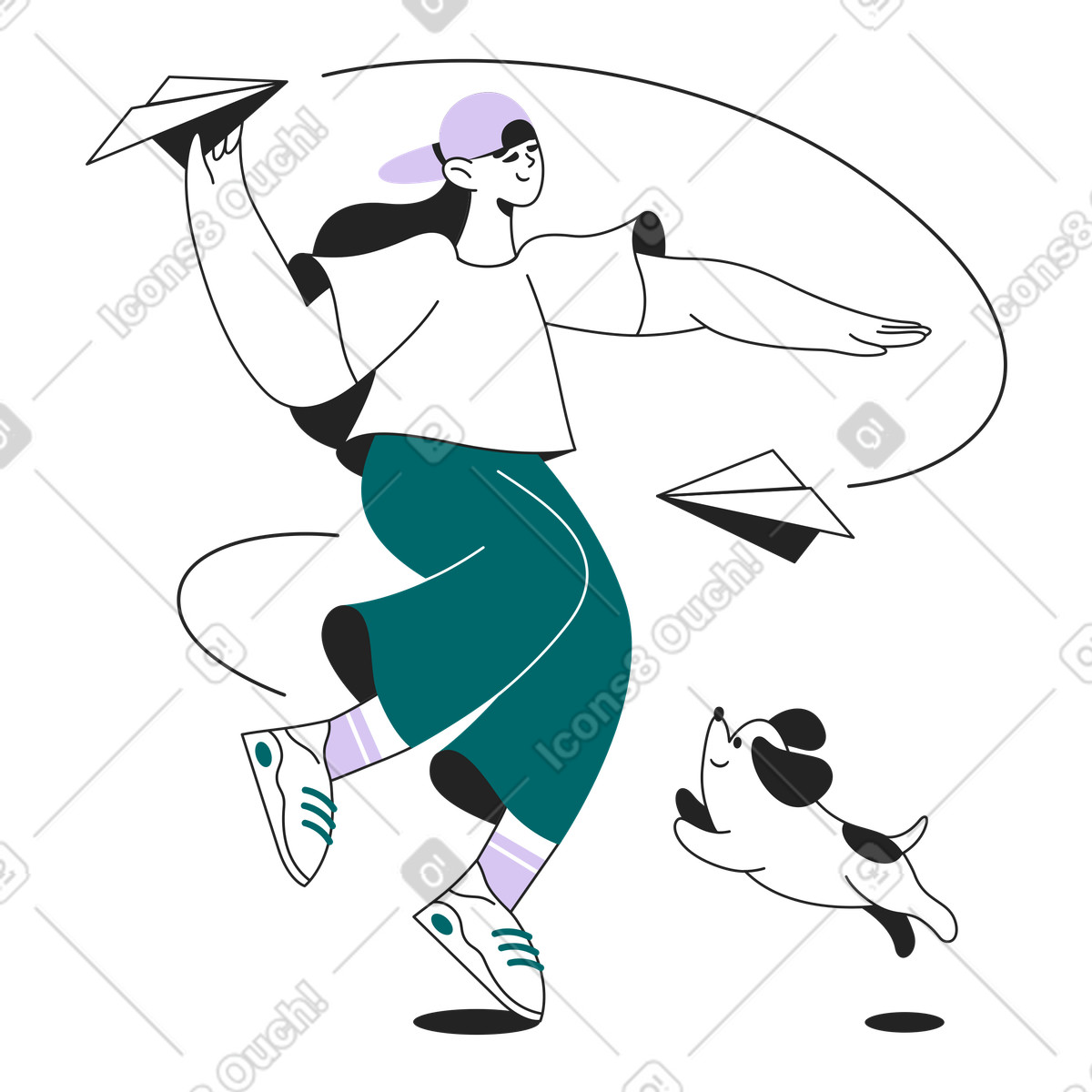 Ilustración Throwing paper airplanes with playful dog, Creative message delivery and leisure time en estilo Sammy Line a descargar en PNG y SVG