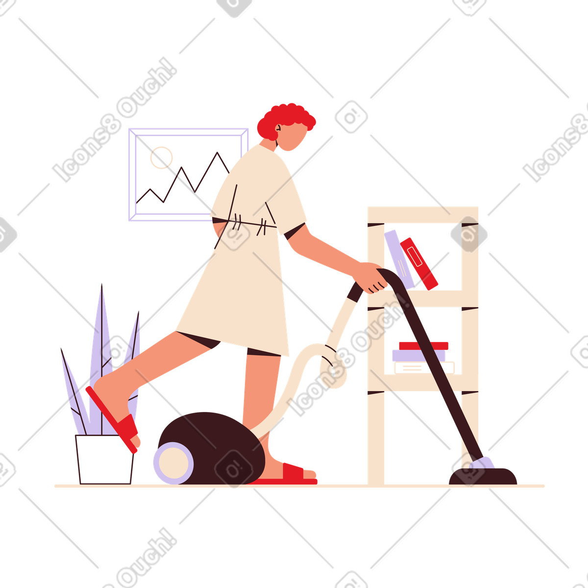 Housewife cleaning floor with vacuum cleaner, housekeeping and chores illustration in Folks style download in PNG, SVG