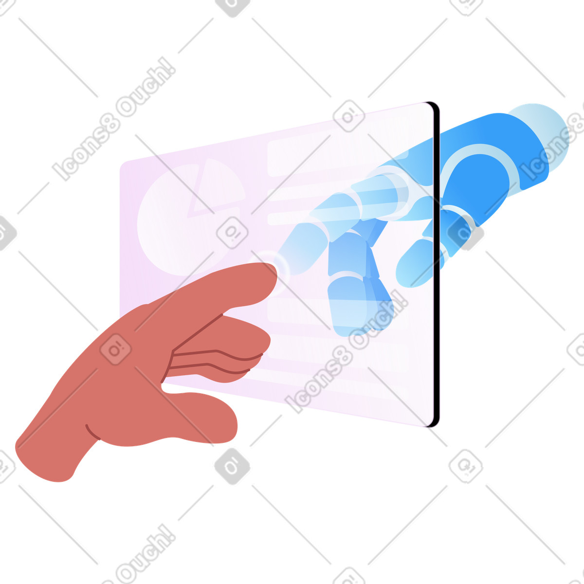 User and robot hand touching digital screen, Human-AI interaction illustration in Airy style download in PNG, SVG