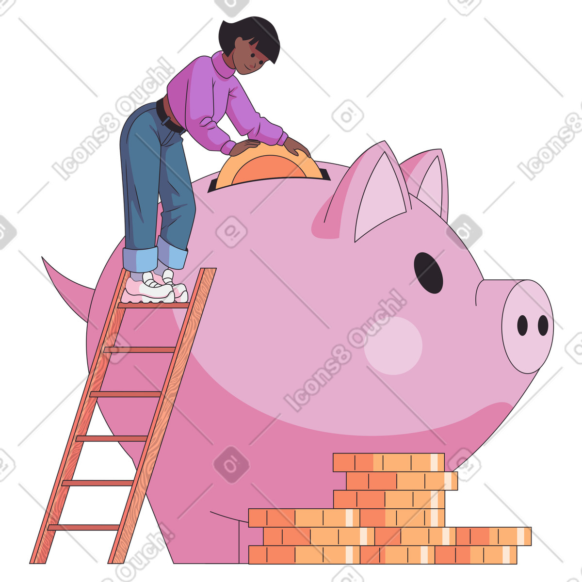 Eastwood スタイルの 貯蓄のために貯金箱にコインを入れる女性 のイラストをPNG、SVG形式でダウンロード